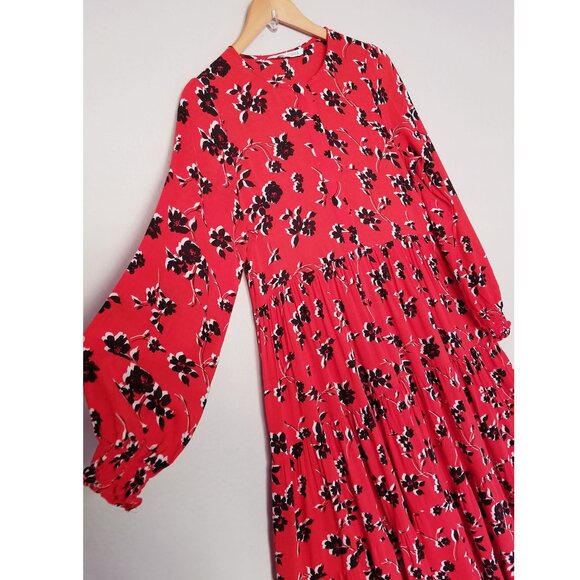 ZARA Angel Floral Tiered Midi Maxi Dress S Red Blogger Favorite Colorful Flowy - Picture 9 of 16
